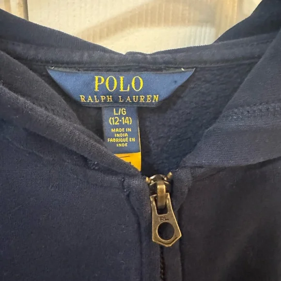 Polo Ralph Lauren Boys Navy Full Zip Hoodie Sweatshirt Size L 12-14 Pony Logo - Picture 2 of 6